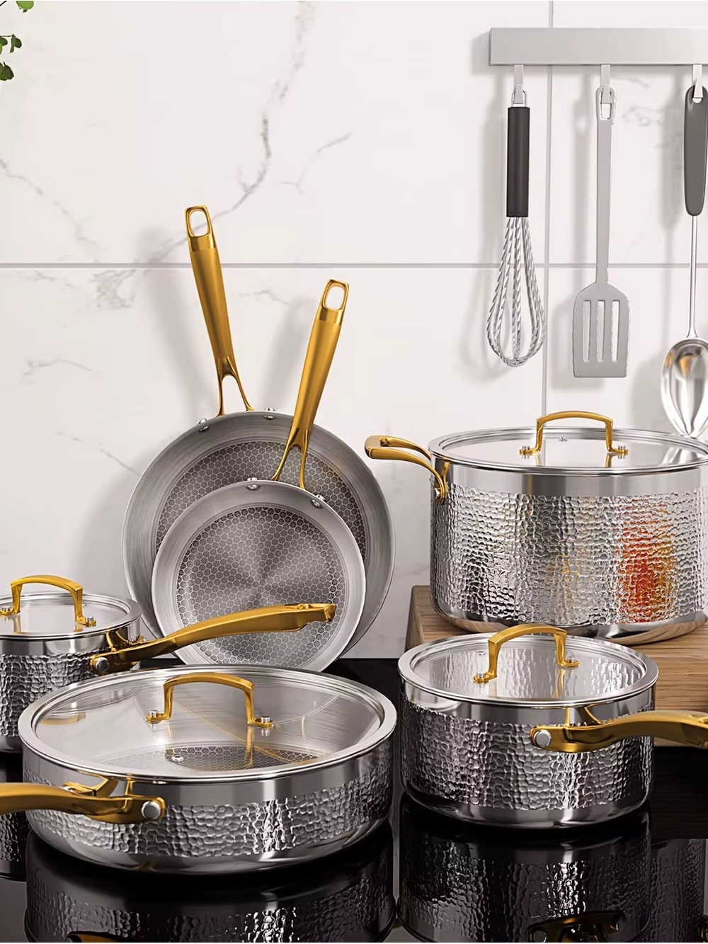 Gold-Handled Stainless Steel Hammered Cookware Set - Premium Home Kitchen